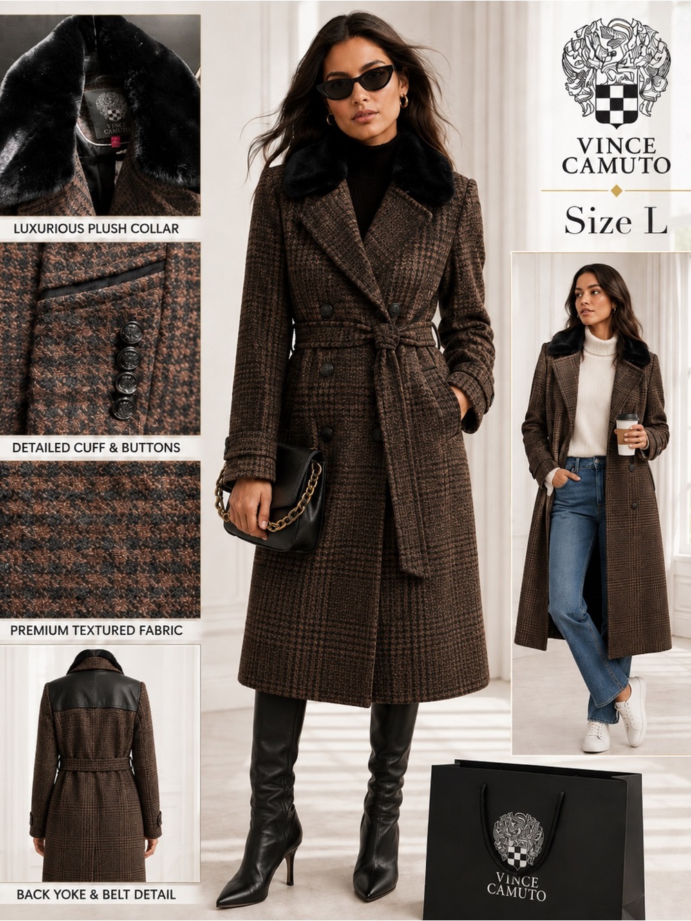 Vince Camuto Brown Plaid Wool-Blend Trench Coat with Black Plush Collar